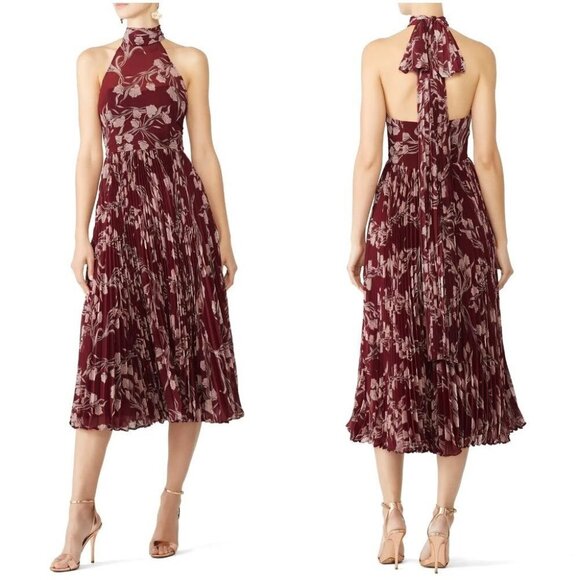 Fame & Partners Zora Red Halter Pleated Floral Midi Dress $399 - Picture 1 of 14